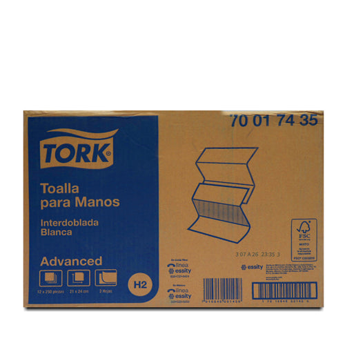 Toallas Tork Interdobladas Blancas Advance para mano hoja doble 12x250