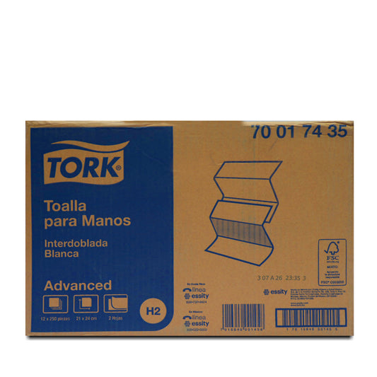 Toallas Tork Interdobladas Blancas Advance para mano hoja doble 12x250